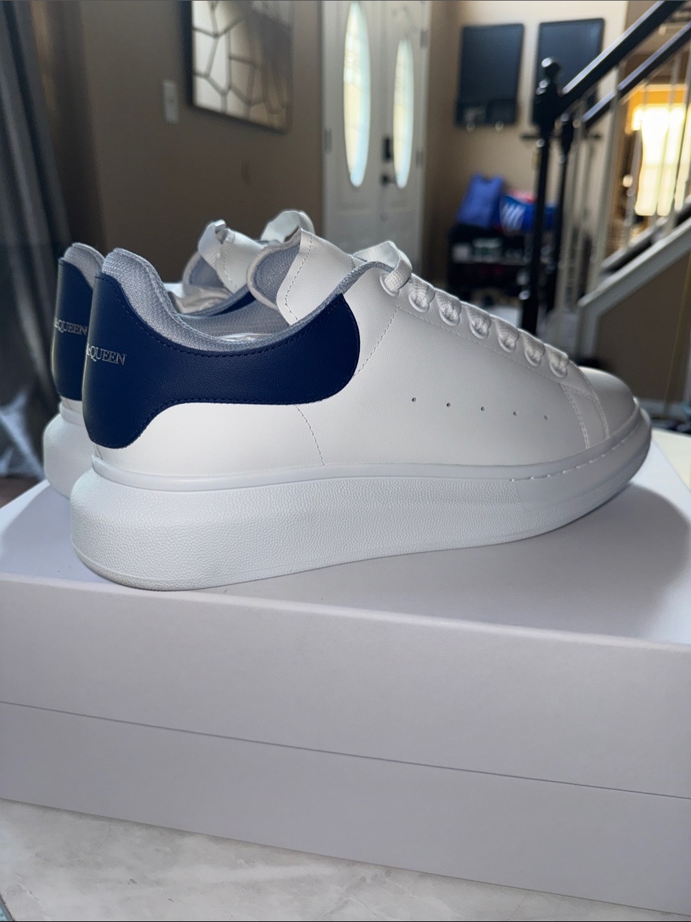 Alexander McQueen White Leather Sneakers with Navy Heel Patch - Men
